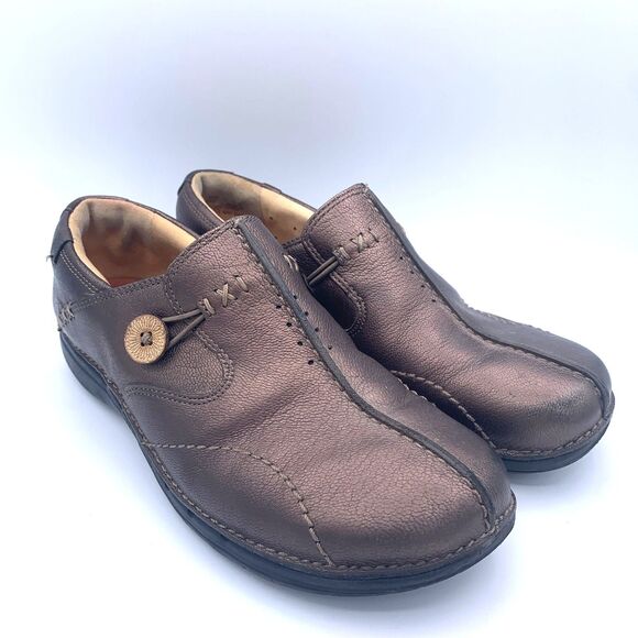 Clarks Structured Bronze Leather Comfort Loafers Slip-On Shoes Women’ Size 8 - Picture 2 of 10